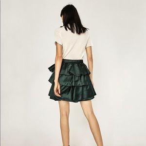 Zara green tiered satin skirt